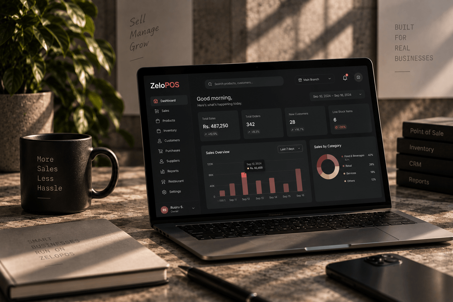 ZeloPOS modern POS and inventory system dashboard displayed on laptop