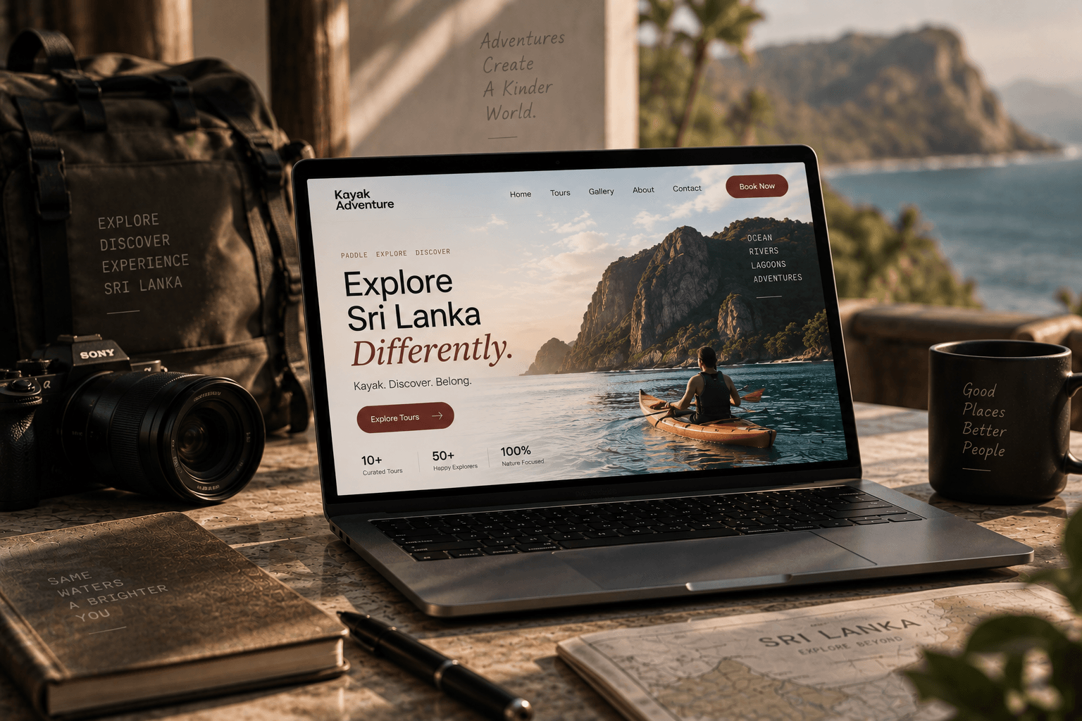 Kayak Adventure travel and tour website mockup on laptop with camera